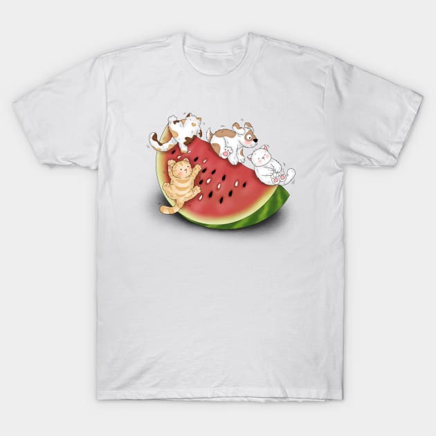 Cute Cats And Dogs Slide On Watermelon T-Shirt by Athikan
